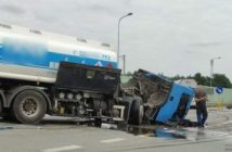 Zderzenie dwóch ciężarówek na obwodnicy Dobrodzienia