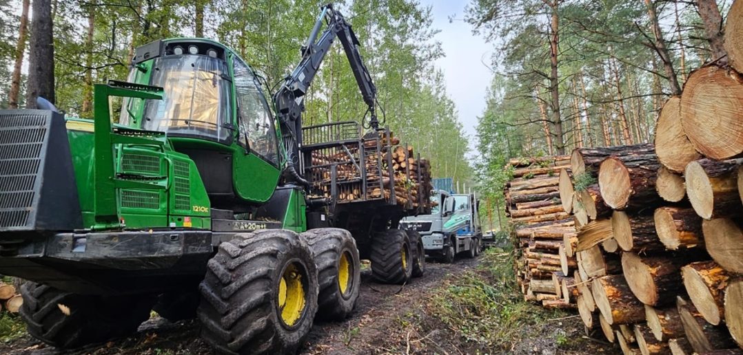 Ranny mężczyzna został zabrany do szpitala. Na kabinę auta spadła kłoda