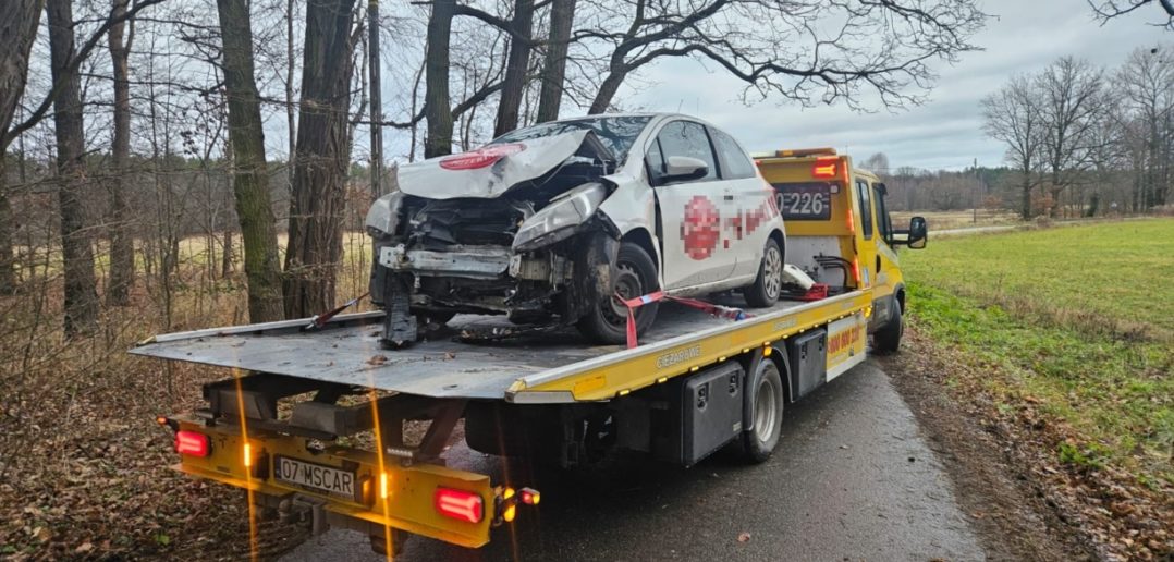 Wypadek na trasie Murów &#8211; Okoły, dostawca jedzenia wjechał w drzewo