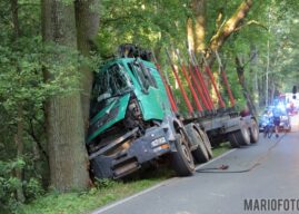 Ciężarówka wjechała w drzewo na trasie Szydłów – Komprachcice