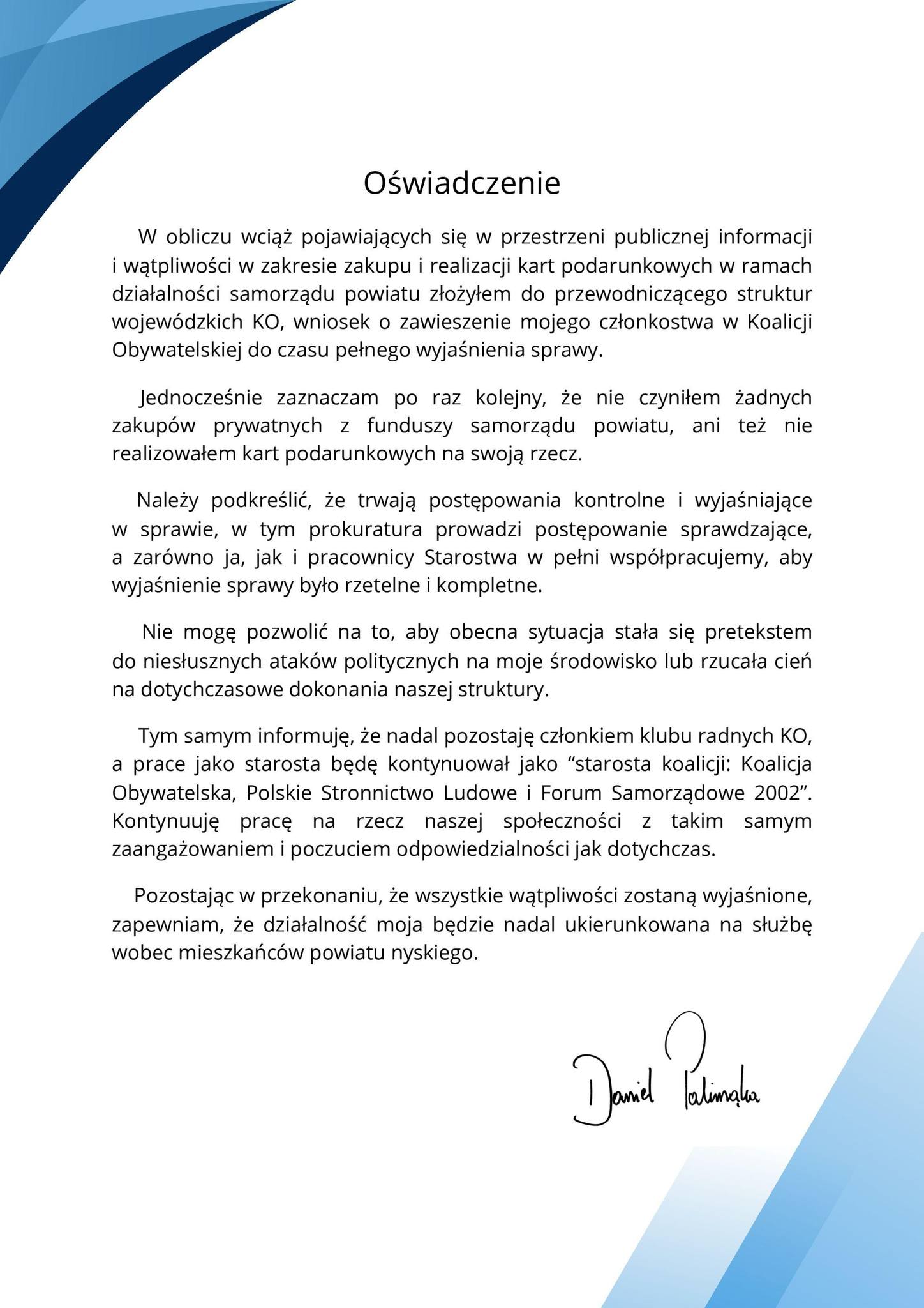 Starosta Nyski Daniel Palimąka stawia na transparentność i zawiesza członkostwo w KO