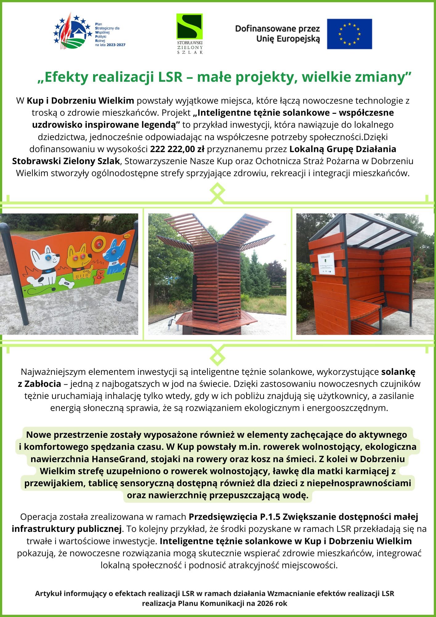 Inteligentne tężnie solankowe zmieniają Kup i Dobrzeń Wielki. Nowoczesne uzdrowiska powstały dzięki środkom z LGD